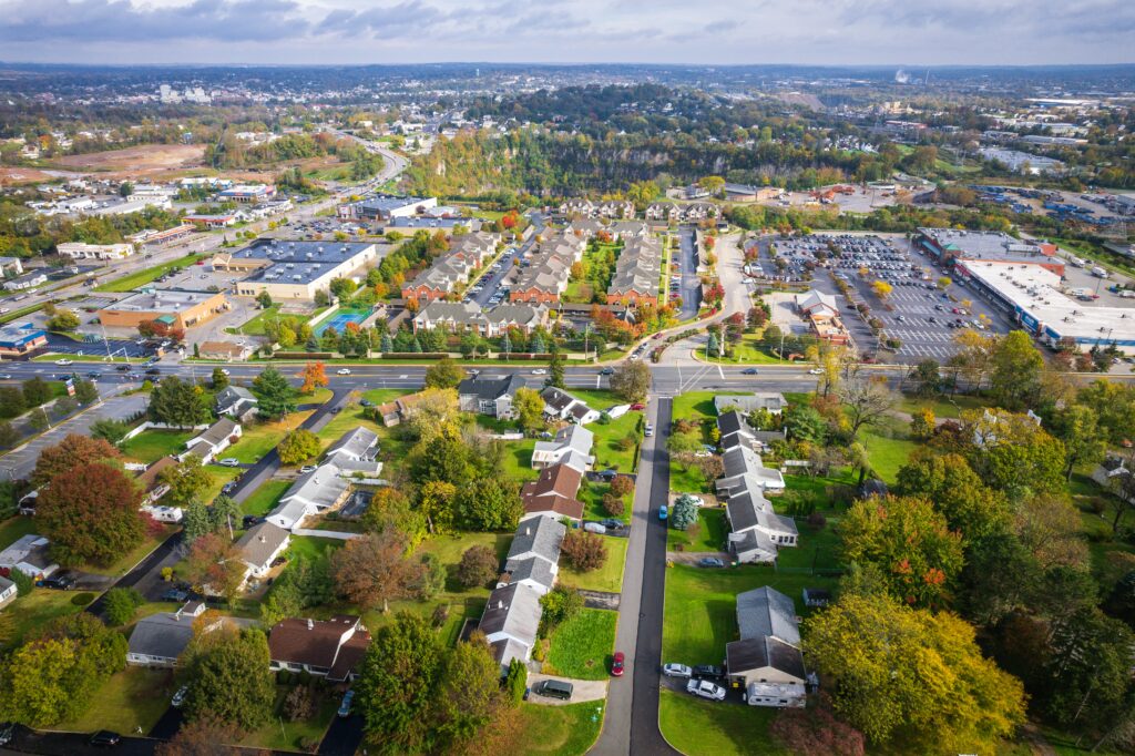 Aerial view of King of Prussia, PA neighborhoods and commercial districts served by Pack N Go portable storage container rentals